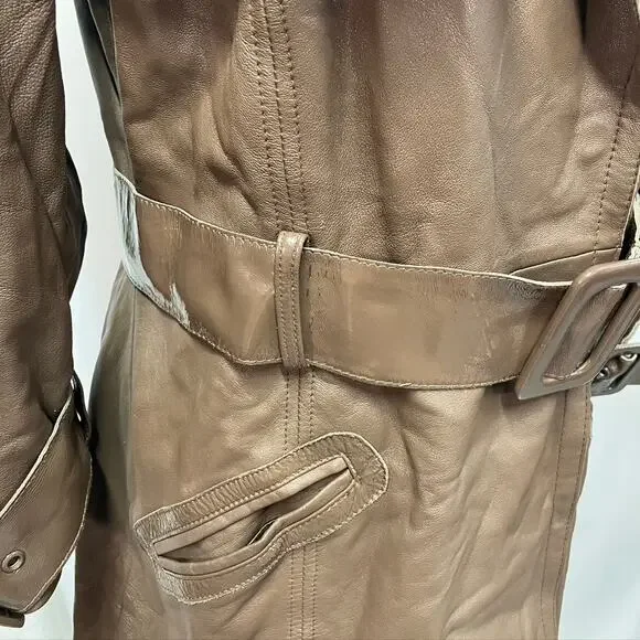 Bebe‎ Leather Brown Belted Trench Coat Womens Medium 70's Spring Steampunk